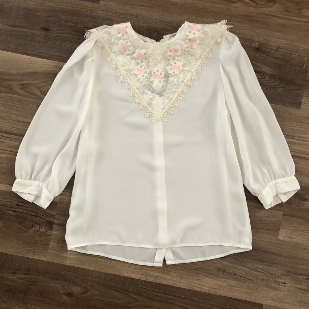 Nilani vintage modest white long sleeve shirt lace floral bib collar size 9/10